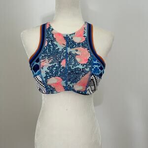 Maaji Reversible High Neck Bikini Top Blue Multicolor Geometric Coral Print XL